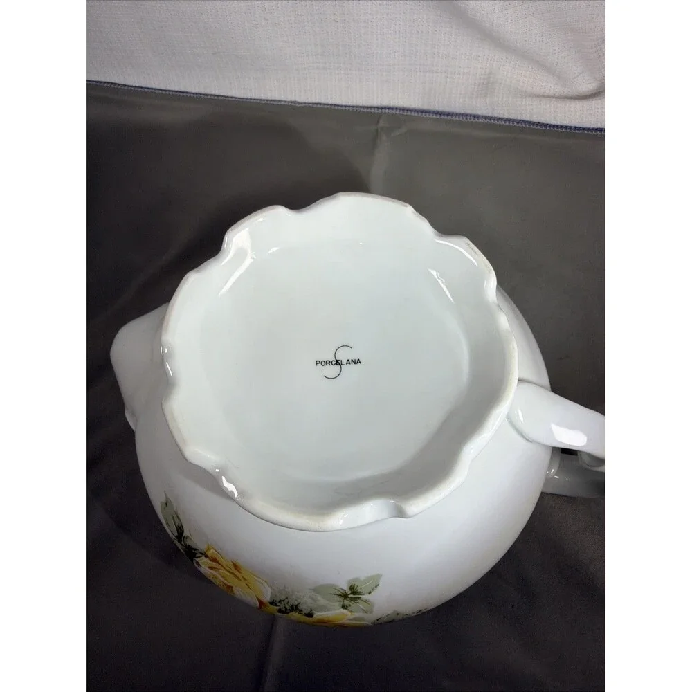 Vintage Porcelana Schmidt Yellow Rose Teapot with Lid - Wide Rounded Body